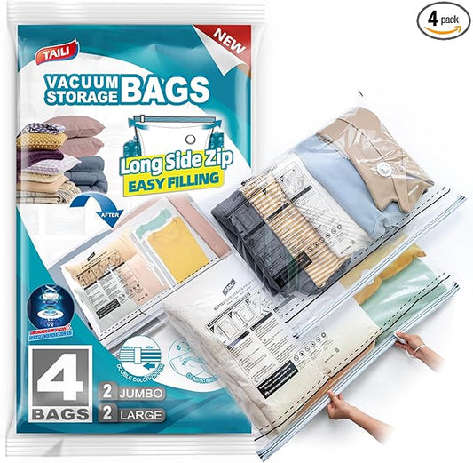 TAILI Vacuum Storage Bags 4 Pack, LONG SIDE ZIP (2 Large+2 Jumbo), Multi-Size Vacuum Seal Bags for Clothing, Storage Bulky Beddings, Blankets and Clothes, Space Saver for Closet Organization-NeatNest
