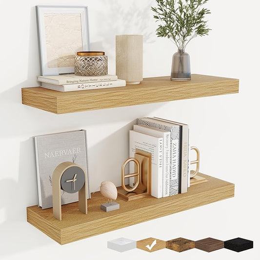 fuqing Floating Shelves for Wall, Bathroom Shelf Wall Mounted for Storage, Shelves with Invisible Bracket for Bedroom, Kitchen, Living Room, Farmhouse Small Book Shelf, 24 Inch Set of 2, Oak-NeatNest