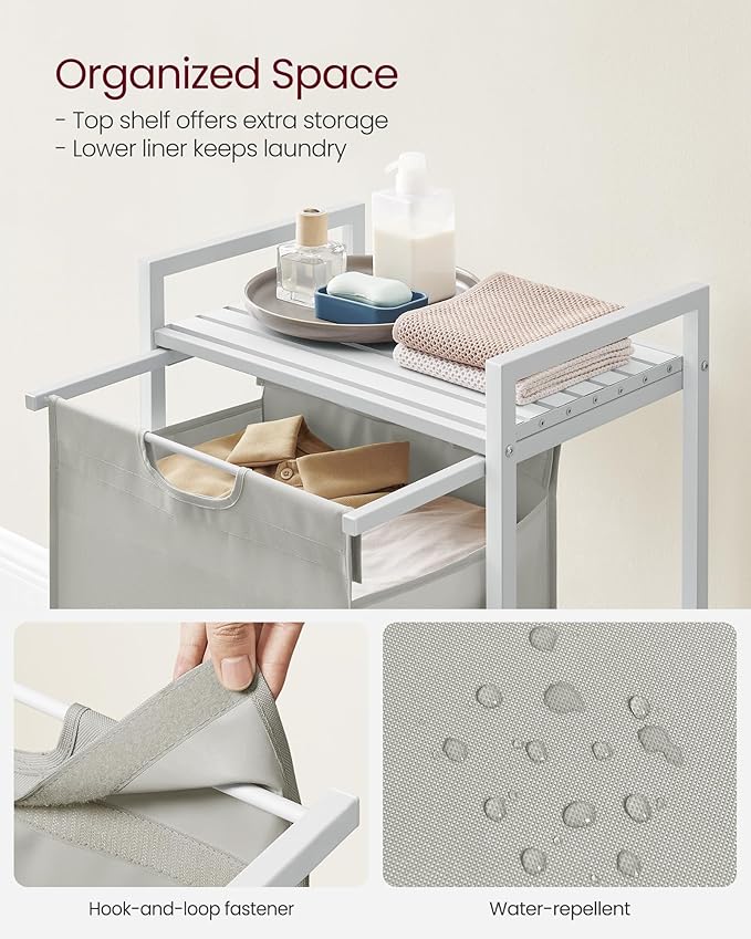 VASAGLE Laundry Hamper, Laundry Basket, Laundry Sorter with A Pull-Out and Removable Bag, Shelf, Metal Frame, 17.2 Gallons (65 L), 19.7 x 13 x 28.4 Inches, White UBLH101W01-NeatNest