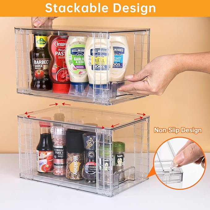 4 Pack Large Stackable Storage Drawers,Clear Acrylic Drawer Organizers with Handles, Easily Assemble for Kitchen Undersink,Bathroom,Cabinet,Makeup,Closet,Pantry,Organization and Storage-NeatNest