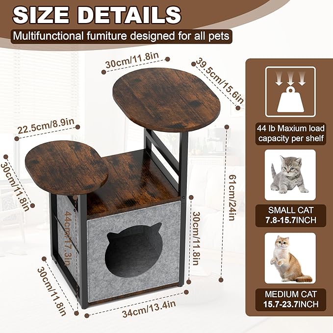 End Table, Cat Bed Table, Small Bedside Table with Removable Cat Condo, Flip Top Side Table with 3-Tiered Storage Shelves, Round Side Table, for Living Room, Bedroom, Rustic Brown and Classic Black