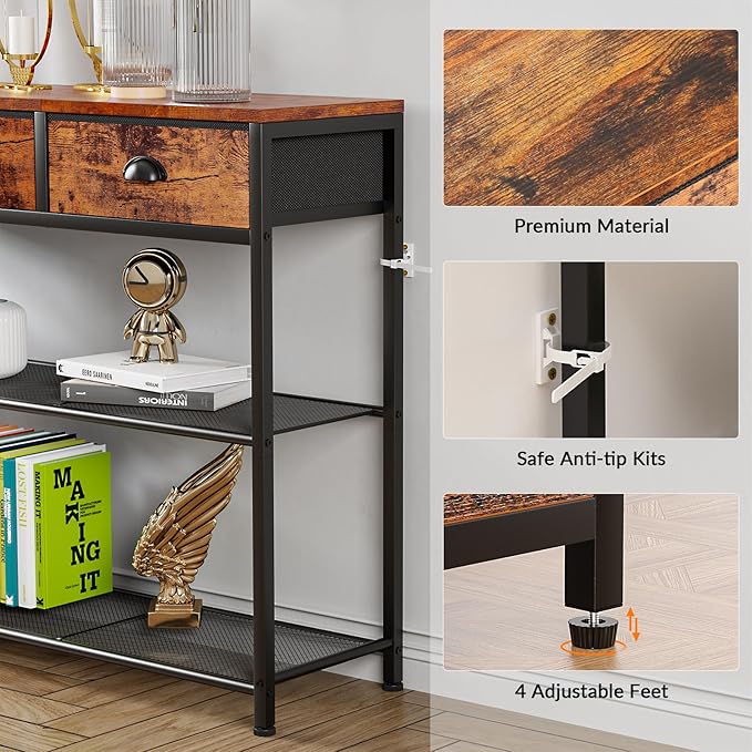 Furologee Entryway Table, 38'' Console Sofa Table with 3 Fabric Drawers, Industrial Entry Way Table with Storage Shelves, Display Shelf for Living Room, Hallway, Entrance, Foyer, Rustic Brown-NeatNest