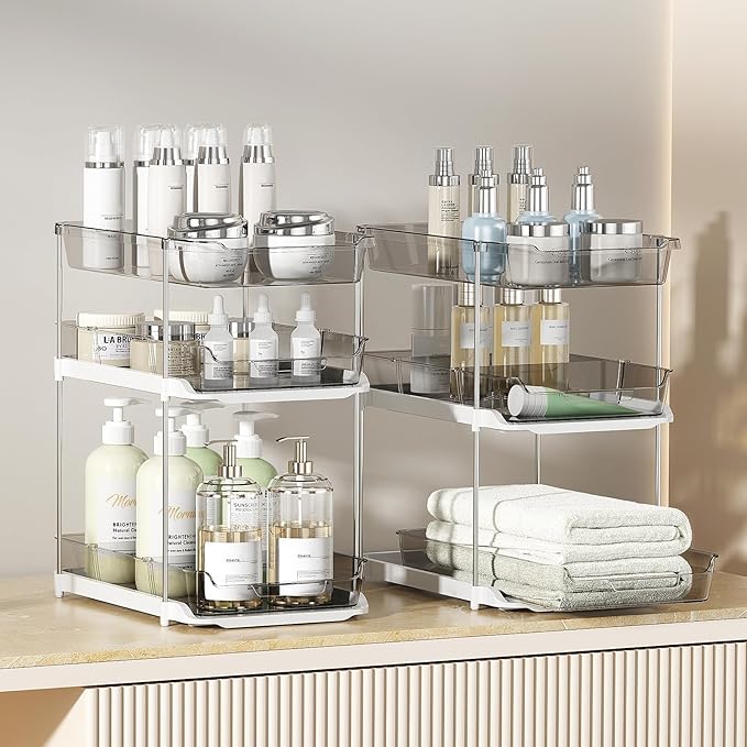 Delamu 2 Sets of 3-Tier Bathroom Under Sink Organizers and Storage, Multi-Purpose Stackable Pantry Organization and Storage, Grey-NeatNest