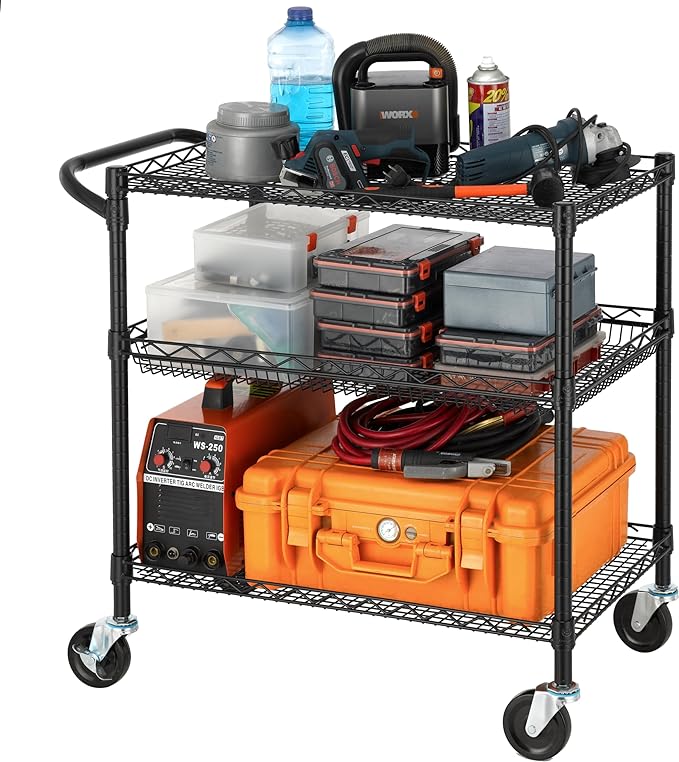 Finnhomy 3 Tier Heavy Duty Commercial Grade Utility Cart, Wire Rolling Metal Trolley with Handle Bar, Steel Kitchen Service Cart with Wheels, Food Storage Trolley on Wheels, NSF Listed, Black