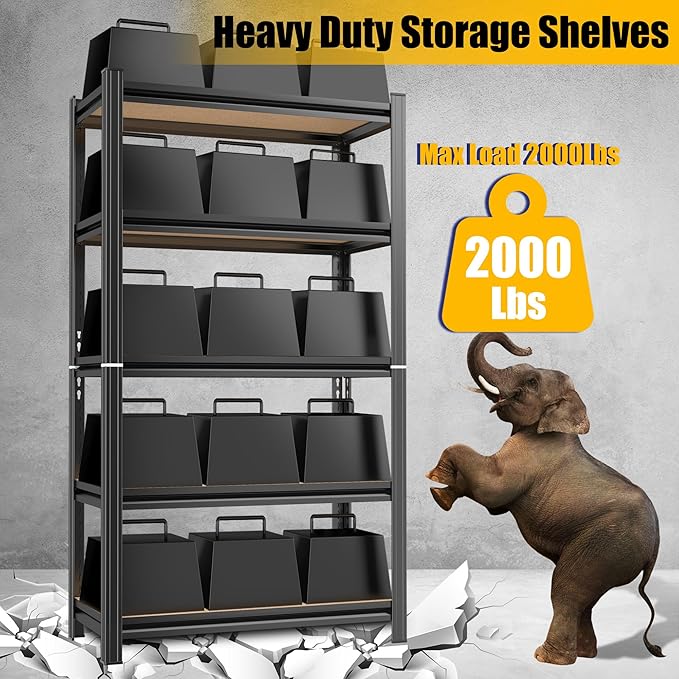 5 Tier Garage Shelving Wood Storage Shelves 2000 lb Load Capacity Adjustabl Shelving Units 57.4" H*29.5" W*11.8" D Metal Shelf Suitable for Basement Warehouse Pantry,Black
