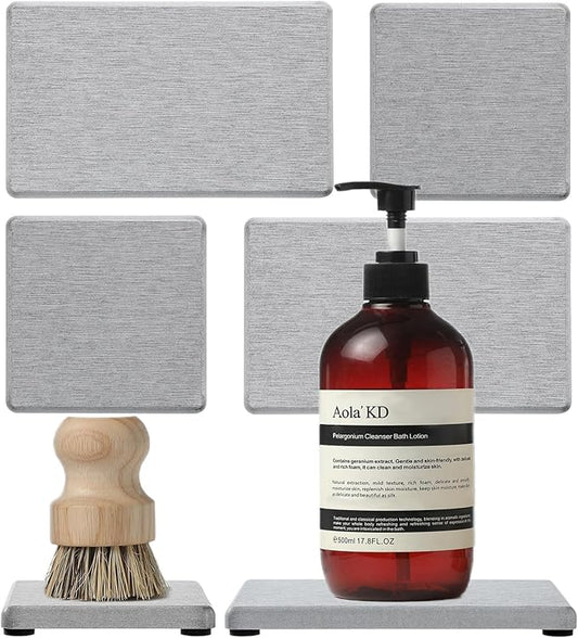 4PCS Bathroom Sink Vanity Trays, Diatomaceous Earth Quick Stone Drying Mat Kitchen Counter Dish Soap Dispenser Sponge Holder, Water Absorbing Caddy Organizer for Bottle & Cup, Light Gray-NeatNest