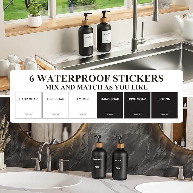Cisily 2 Pack Black Kitchen Soap Dispenser Set with Wooden Pump, Dish and Hand Soap Lotion Dispenser Set with 6 Waterproof Stickers for Kitchen and Bathroom Decor for Counter, Modern Vintage Liquid-NeatNest