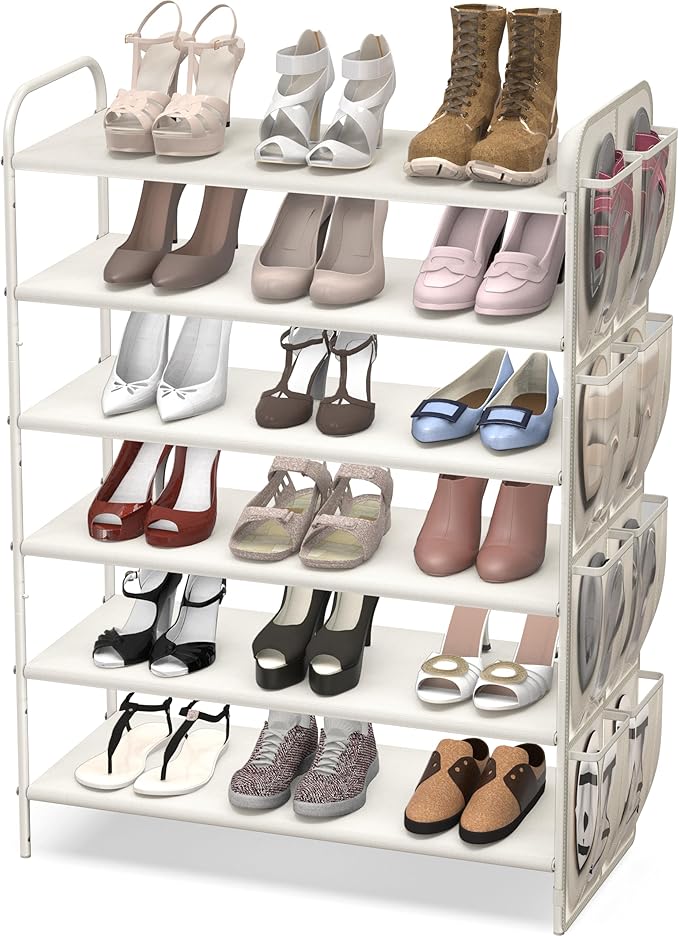 Simple Houseware 6-Tier Shoe Rack Storage Organizer w/Side Hanging Bag, White-NeatNest