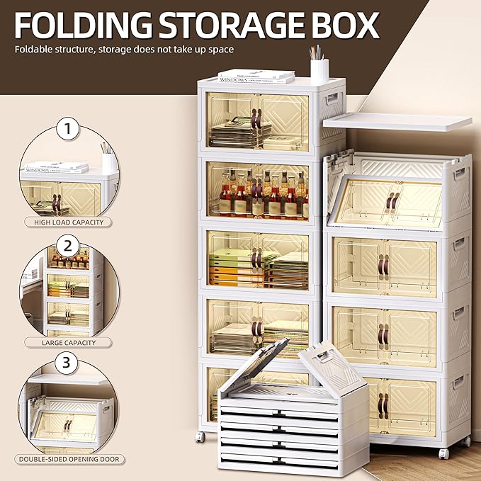 248 QT / 62 Gal Stackable Collapsible Storage Bins (1 Lid) with Magnetic Doors & Wheels - Plastic Cabinet Organizer for Home Office Closet, White Space-Saving Containers-NeatNest