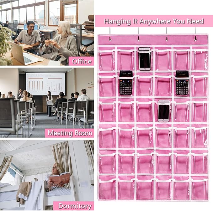 36 Clear Pockets Classroom Pocket Chart for Cell Phones, Pocket Chart Organizer for Calculator Holder with 36 Number Sticker Classroom Hanging Cell Phones Organizer (Pink)-NeatNest