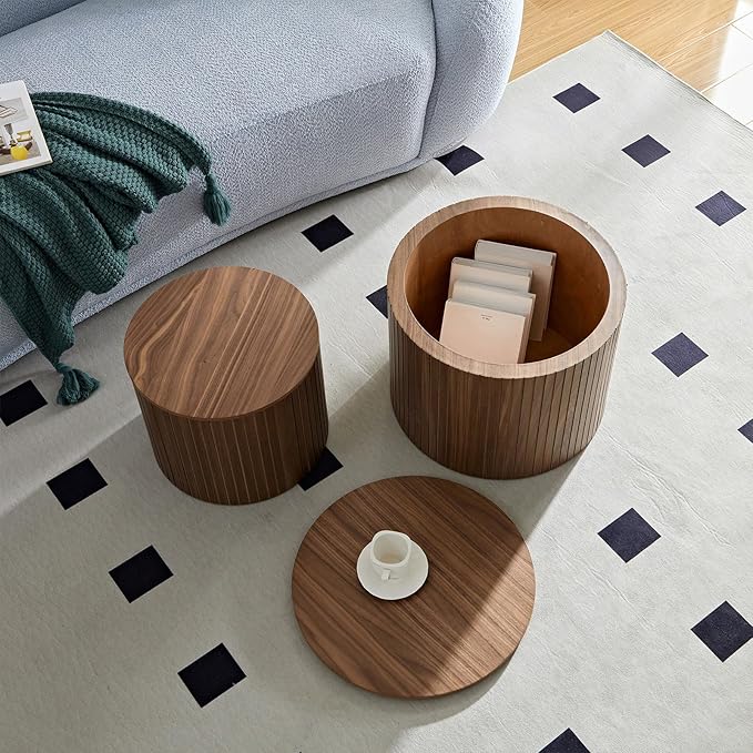 Round Storage Side Table Set of 2, Nesting Coffee Tables with Hidden Storage, Modern Wood Accent End Table for Living Room, Bedroom, Small Space, Minimalist Bedside Table, No Assembly(Walnut)