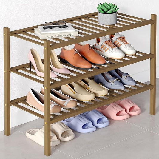 Smiry Bamboo Shoe Rack for Closet, 3 Tier Wooden Stackable Shoe Organizer, Free Standing Shoes Storage Shelf for Entryway, Front Door Entrance, Walnut-NeatNest
