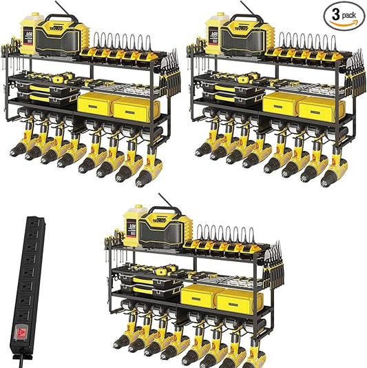 3 Pack Power Tool Organizer Wall Mount with Charging Station, 8 Outlet Power Strip & 4 Layers Storage Rack with 8 Drill Holders for Cordless Tools, Heavy Duty Utility Racks for Garage Workshop
