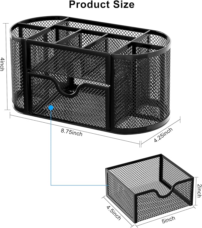 EasyPAG Mesh Desk Organizer, Multi-functional Stationery Organizer for School Supplies, Office Pen Holder for Desk, 9 Compartments Dorm Organization with Drawer, Black