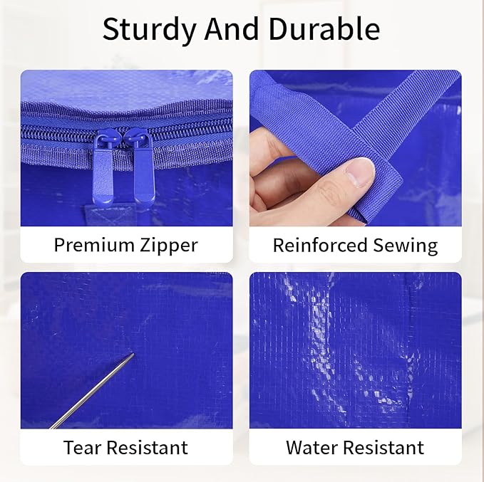 Extra Large Heavy Duty Moving Bags - Waterproof Storage Totes with Reinforced Handles & Zippers, Foldable for College Dorm Essentials, Clothes Storage & Travel (12-Pack Blue)