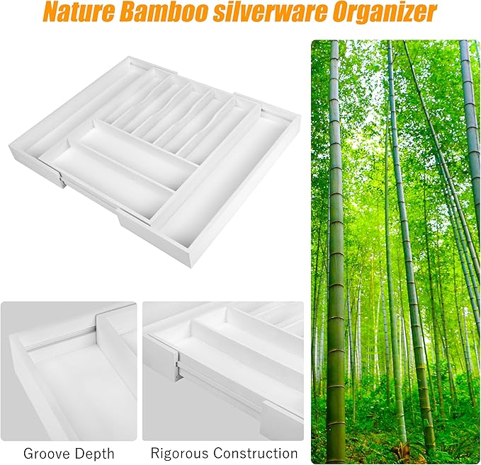 Bellsal Large Premium Bamboo Silverware Organizer - Expandable Utensil Drawer Organizer - 17"x19.6" Utensil Holder and Cutlery Tray with Grooved for Kitchen Flatware and Utensils(7-9 Slot, White)-NeatNest