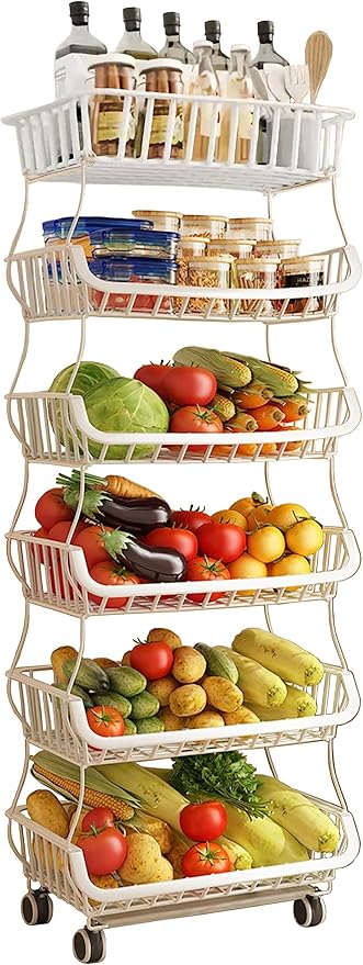 MURRI&MURRDI Fruit Vegetable Storage Basket with Wheels, 6 Tier Stackable Wire Storage Baskets with Wheels Produce Basket for Kitchen Rack Storage Cart for Pantry 6 Tier Fruit Stand （A White）