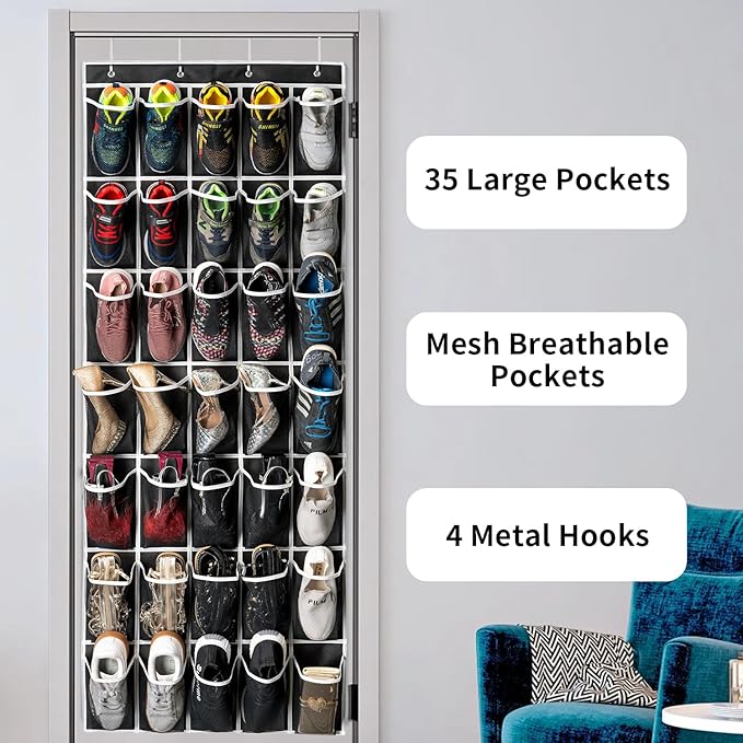 35 Pockets Over the Door Shoe Organizer, Hanging Shoe Organizer for Door with 35 Mesh Pockets Large Capacity Shoe Hanging Storage Bag with 4 Metal Hooks (Black-1Pack)-NeatNest