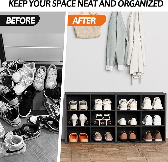 12-Cubby Shoe Rack, 3-Tier Wood Shoe Organizer, Multifunctional Shoe Organizer Bench for Entryway, Mudroom, Hallway, Closet,36.22 * 11.81 * 17.72 Inch,Black-NeatNest