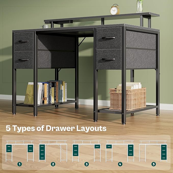 Huuger 47 inch Computer Desk with 4 Drawers, Gaming Desk with LED Lights & Power Outlets, Home Office Desk with Large Storage Space for Bedroom, Work from Home, Carbon Fibre Black-NeatNest