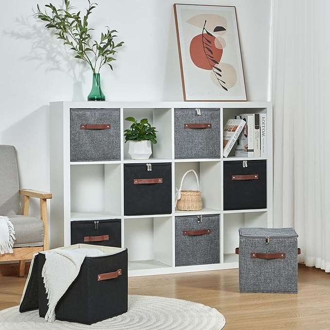 2PCS Storage Cubes with Lid Fabric Storage Bins Boxes PU Leather Handles Cotton Linen Closet Organizer Container Decorative Foldable Washable Shelf Cloth Basket (Zipper Lid, Gray, 11in)-NeatNest
