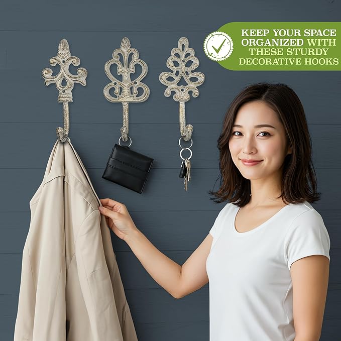 3 Pack Fleur De Lis Hooks – Vintage Cast Iron Wall Mount for Coats, Bags and Towels – Rustic French Country Decor, Heavy Duty & Easy to Install – 8”