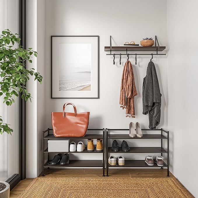 Seville Classics Sturdy Freestanding Storage Shelf for Bedroom, Closet, Entryway, Dorm Room Organizer, Stackable Durable Metal Shoe Rack, Espresso Slat, 3-Tier (2-Pack)-NeatNest