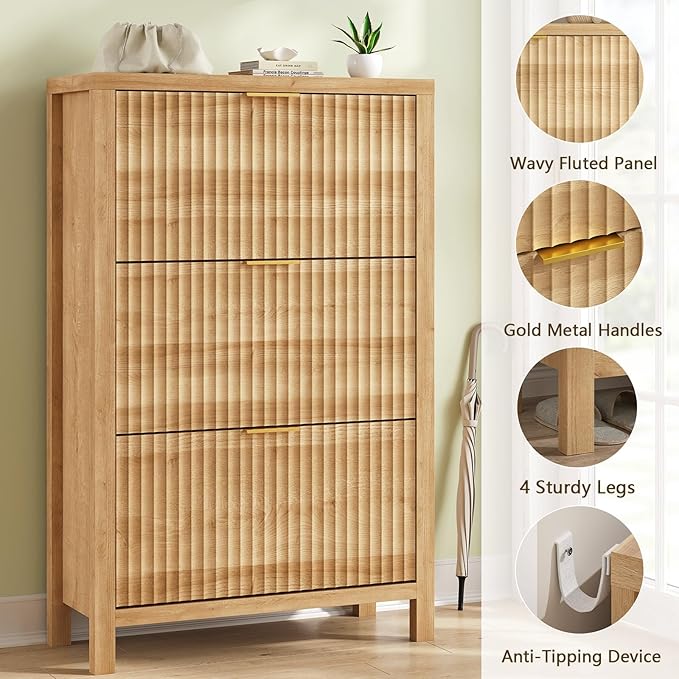 Shoe Cabinet Storage for Entryway, Fluted Shoe Cabinet with 3 Flip Drawers, Hidden Shoe Rack Tall Freestanding Shoe Organizer with Legs for Hallway, Wood-NeatNest