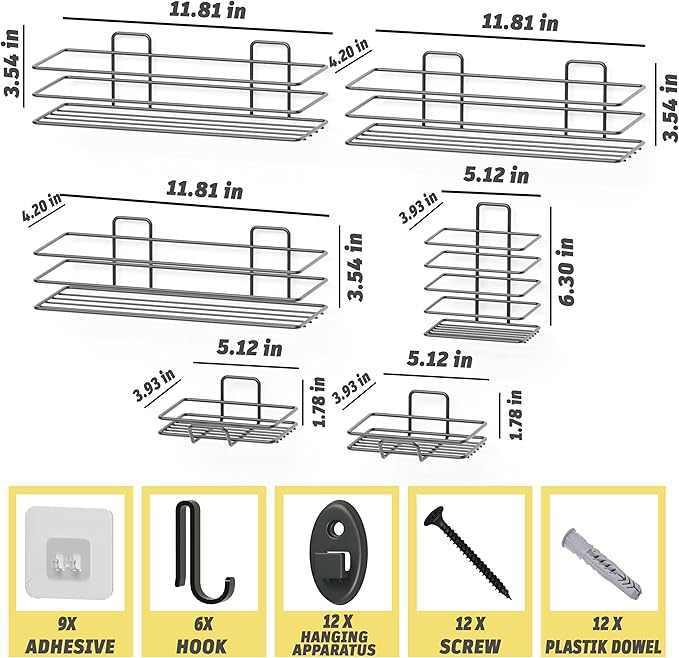Dekula Adhesive Shower Caddy 6 Pack, Shower Shelves Organizer for Bathroom Storage, Rustproof Stainless Steel Bath Organizers, Kitchen, Adhesive or Screw, Soap Dish, Hooks, Wall Shelf