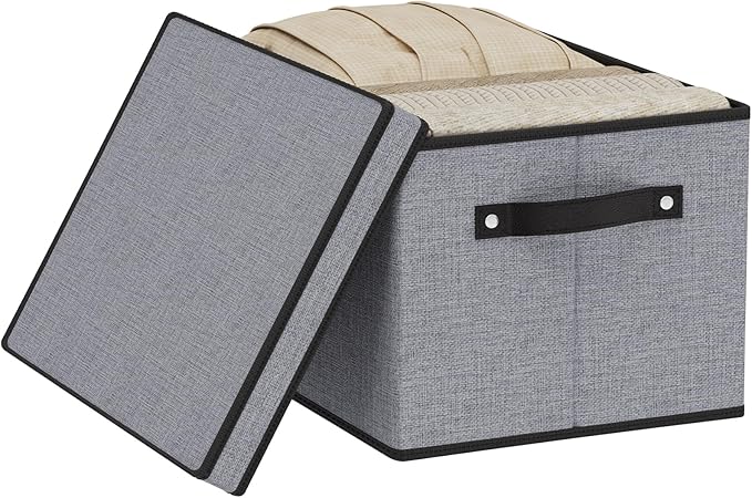 Clothing Storage Bins, Blanket Baskets for Shelves, Fabric Cubes with Handles and Lids, Decorative Linen Closet Organizers Boxes, Gray, 1 Pack, 16.5 x 11.8 x 10.2 Inch-NeatNest