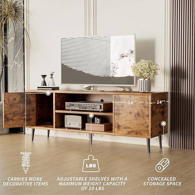 JUMMICO TV Stand for 65 Inch TV, Mid Century Modern TV Stand, Entertainment Center with Storage Cabinet and Open Shelves, TV Console Table Media Cabinet for Living Room, and Bedroom (Rustic Brown)-NeatNest