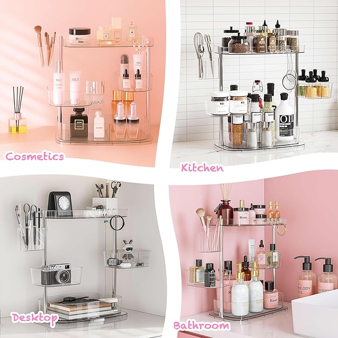 3 Tier Bathroom Organizer Countertop Rotating Makeup Tray Counter Storage Vanity and Skincare Shelves Clear