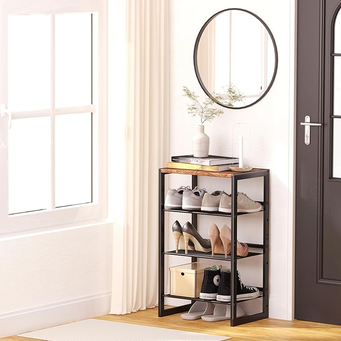 Narrow 4-Tier Shoe Rack, Slim Space-Saving Shelf with Decorative Wood Top & Steel Mesh, Entryway/Closet/Dorm Organizer, 16.5x11.8x27.9 Inches-NeatNest