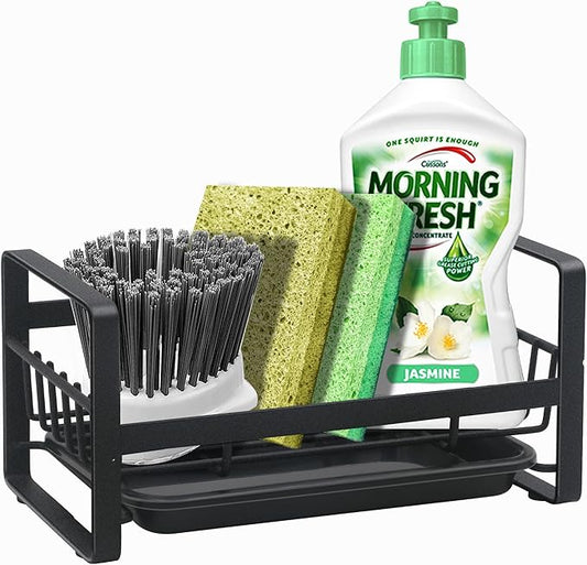 Kitchen Sponge Holder for Sink, Kitchen Sink Caddy Organizer, Sink Tray Drainer Rack, Dish Rags Brush Soap Storage Countertop with Removable Front Drain Pan - Black