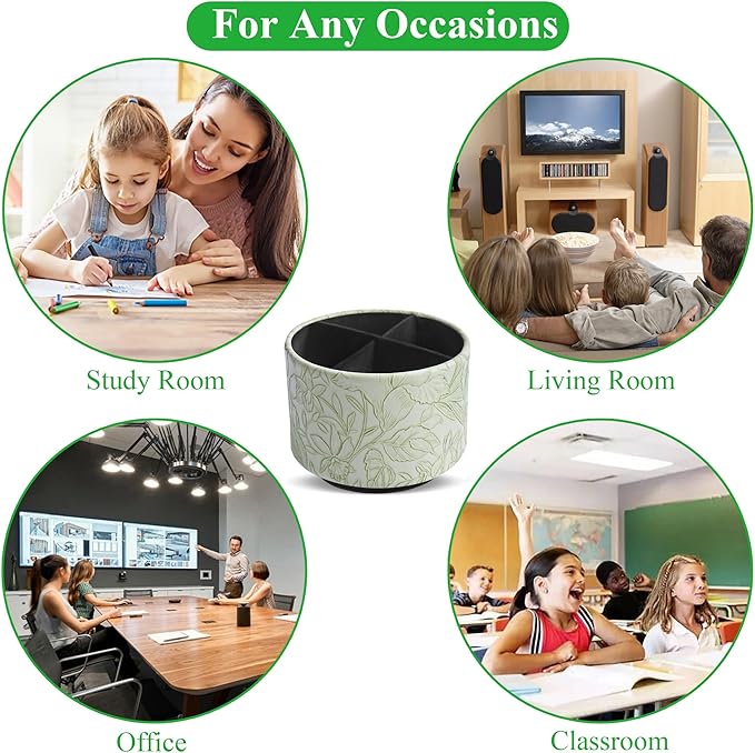 Hennaja Round Leather Art Supply Organizer,Remote Control Holder,360 Degree Spinning,Multi-Functional Pencil Holder,4 Compartments Desktop Stationary Organizer(1-Carved Green)-NeatNest