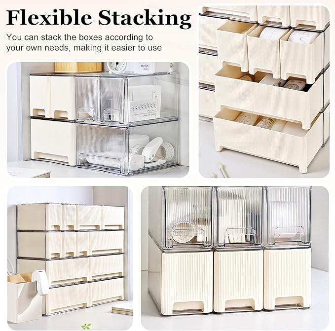 Stackable Makeup Organizer, 3 Pack Plastic Drawer Storage with Handle for Vanity Bathroom Countertop, Cream-NeatNest