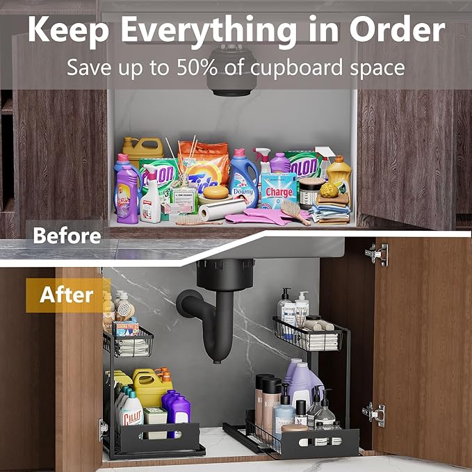 Under Sink Organizers and Storage 2 Tier Slide Out Kitchen Cabinet Organizer Sturdy Metal Bathroom Storage (Black, 2 Pack)-NeatNest