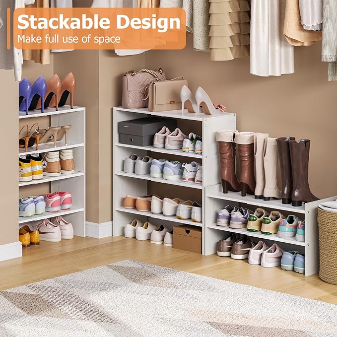 X-cosrack 2-Tier Shoe Rack Organizer for Closet, Expandable and Adjustable White Shoe Rack, Stackable Iron Wood Combination Shoe Storage Shelves for Closets, Entryway, Small Space, Hallway, Garage-NeatNest