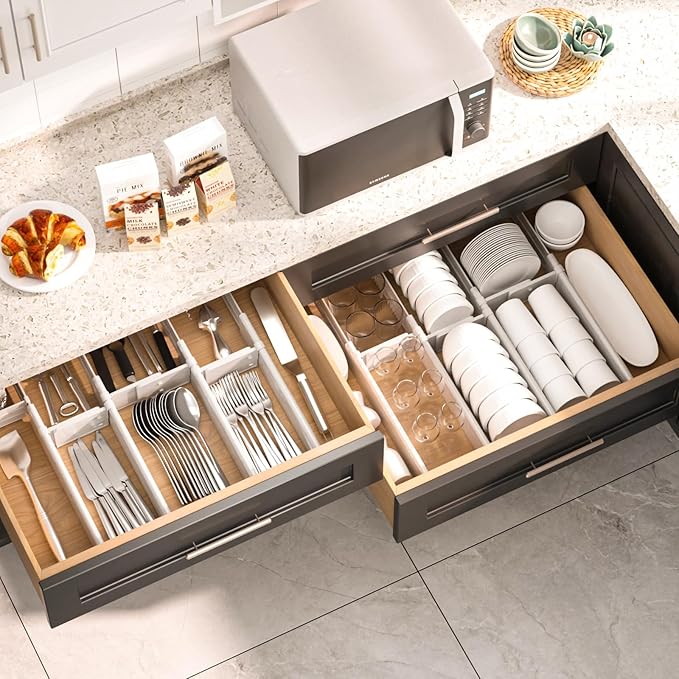 HiYZ Expandable Drawer Dividers - 12.6-22.8'' Adjustable Drawers Organizers for Kitchen Utensils, Drawer Separators in Bedroom, Dresser, Office, Bathroom, Fridge, 5 Pack Long Dividers-Gray-NeatNest