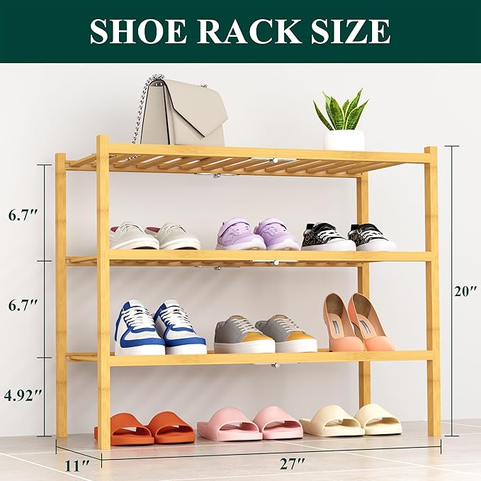 Smiry Shoe Rack, 3 Tier Thick Bamboo Shoe Organizer, Stackable Free Standing Wooden Shoe Storage Shelf for Closet, Entryway, Front Door Entrance, Natural-NeatNest