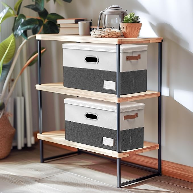 Foldable Fabric Storage Boxes with Lids, Collapsible Versatile Bins Baskets Cubes with Handles for Easy Organization in Closet, Living Room, and Bedroom (Grey & White, 3PCS/11.4 * 8.6 * 6.7in)-NeatNest
