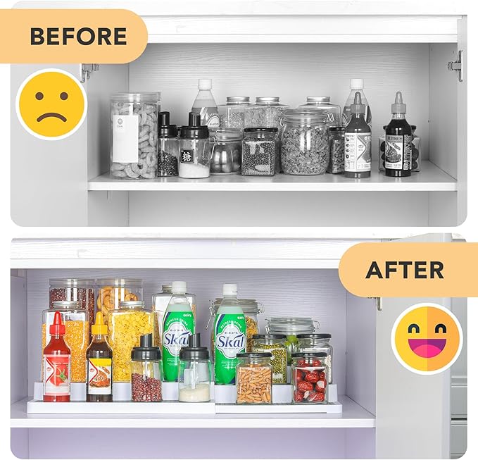 3 Tier Expandable Spice Rack Organizer, Plastic Spice Rack, Adjustable Length 14.6In-25.8In, Non-Skid Tiered Spice Shelf Organizer for Kitchen Cabinet, Cupboard, Pantry, White/Grey-NeatNest