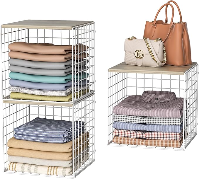 3PCS Stackable Closet Organizers and Storage, Closet Shelves with Wood Top Extra Storage, Clothes Storage Organizer Basket Bin/Cube for Home Wardrobe Organization(White-Sturdy Metal) Patent Pending-NeatNest