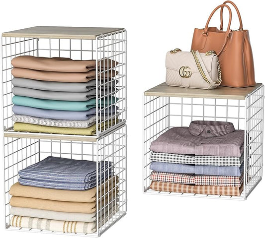 3PCS Stackable Closet Organizers and Storage, Closet Shelves with Wood Top Extra Storage, Clothes Storage Organizer Basket Bin/Cube for Home Wardrobe Organization(White-Sturdy Metal) Patent Pending-NeatNest