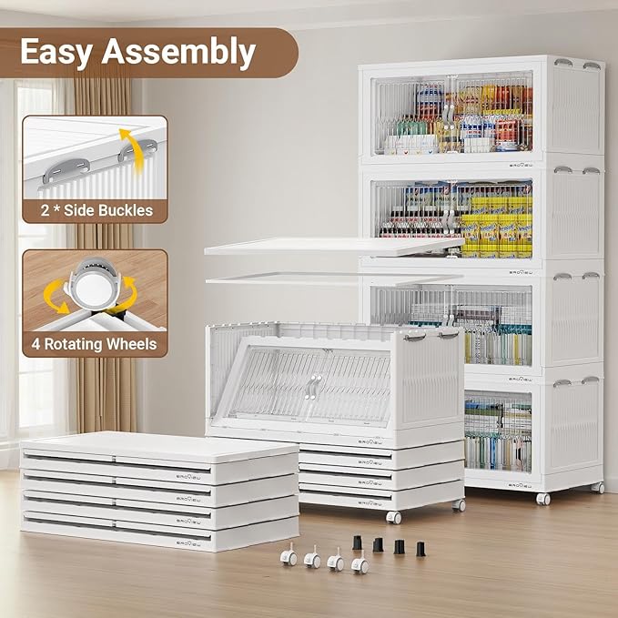 600Qt Extra Large Stackable Storage Bins with Lid, Closet Organizer Collapsible Drawer Boxes with Wheels, Folding Plastic Cabinet Containers for Home Kitchen Room Organization, 3Pack White
