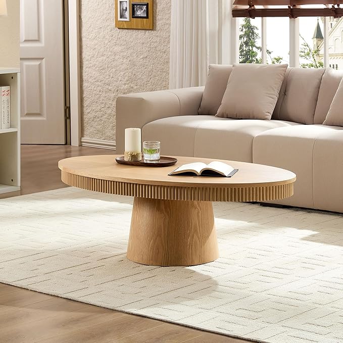 kevinplus 47.24'' Oval Coffee Table for Living Room, Modern Mid-Century Pedestal Wood Coffee Table, Easy Assembly, Oak