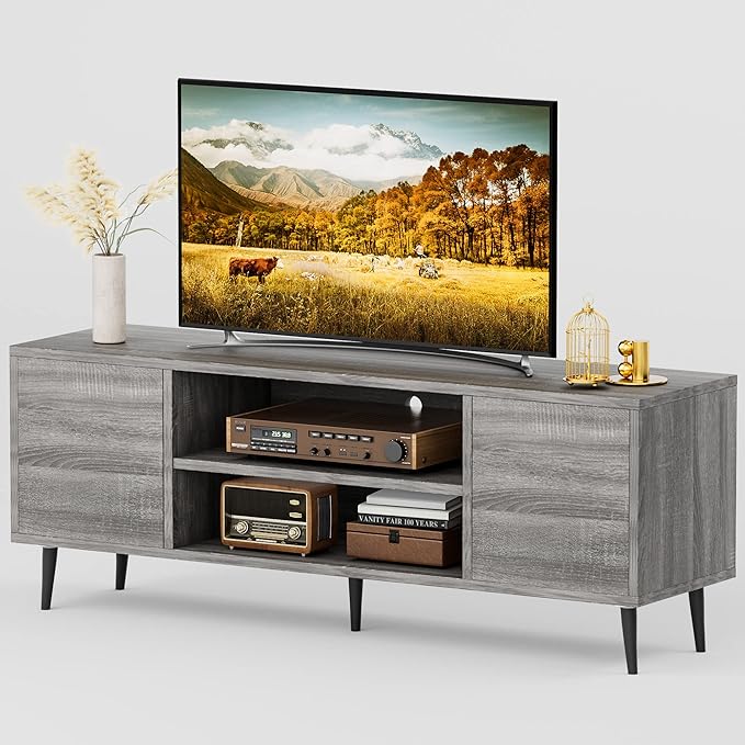 JUMMICO TV Stand for 65 Inch TV, Mid Century Modern TV Stand, Entertainment Center with Storage Cabinet and Open Shelves, TV Console Table Media Cabinet for Living Room, Bedroom and Office (Gray)-NeatNest
