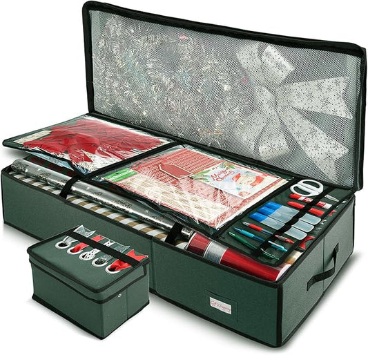 Hearth & Harbor Wrapping Paper Storage Container with Ribbon Storage Organizer - Christmas Storage Bag with Extra Interior Pockets - Gift Wrapping Organizer Storage Fits Up to 26 Rolls of 40" Length-NeatNest