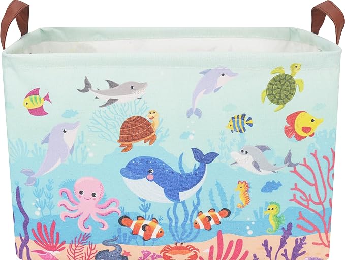 CLOCOR Rectangular Storage Basket,Collapsible Fabric Storage Container,Waterproof stoarge Bin with Handles,Gift Basket(Under The Sea)-NeatNest
