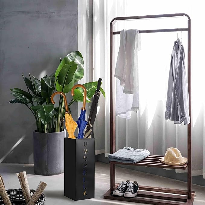 Hiceeden Metal Square Umbrella Holder, 6.3" x 6.3" x 16.5" Umbrella Stand for Entryway, Umbrella Rack Canes Walking Sticks Storage Bin for Office, Home, Hotel, Black